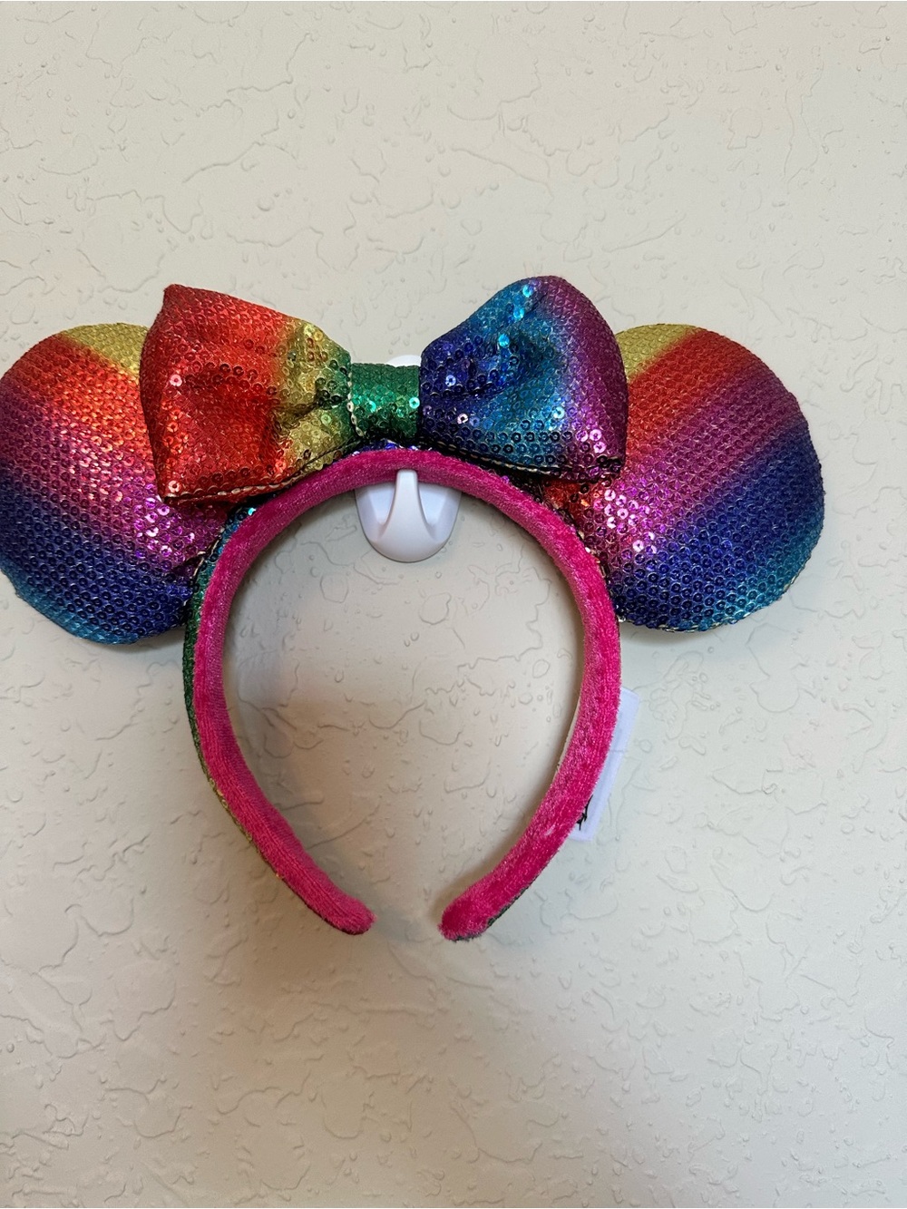 Rainbow Sequin Mouse Ear Headband with Bow - Pink